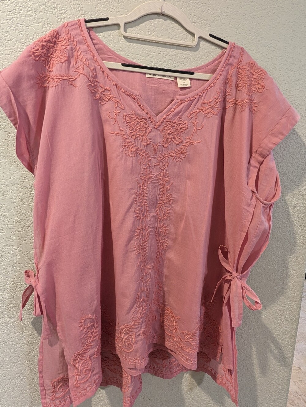 Indigo Thread Co Pink Embroidered Boho Tunic Top 1X Cotton Side Tie